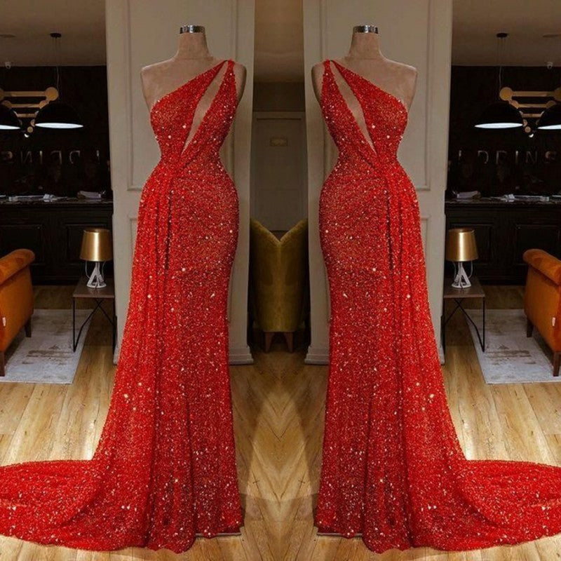 Bling Red One Shoulder Sequins Sexy Sheath Prom Dress-BallBride