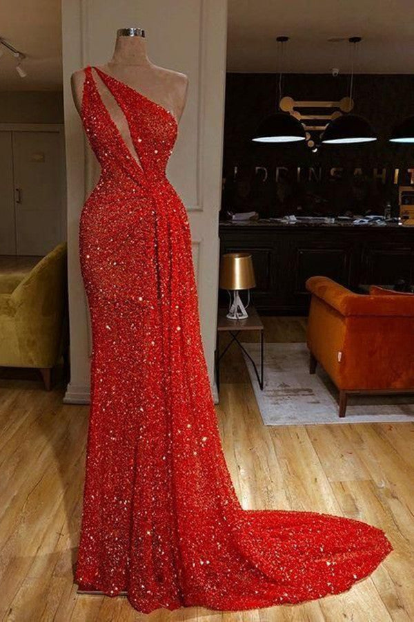 Bling Red One Shoulder Sequins Sexy Sheath Prom Dress-BallBride