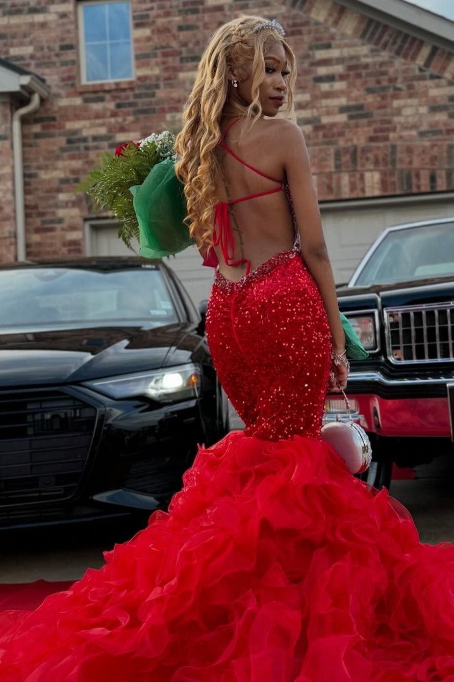 Bling Red Spaghetti Strap Mermaid Organza Crystal Prom Dress-BallBride