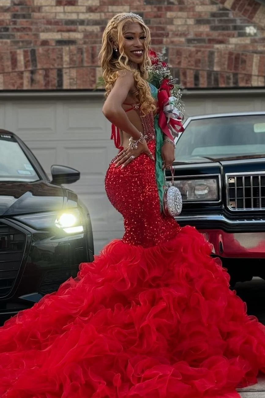Bling Red Spaghetti Strap Mermaid Organza Crystal Prom Dress-BallBride