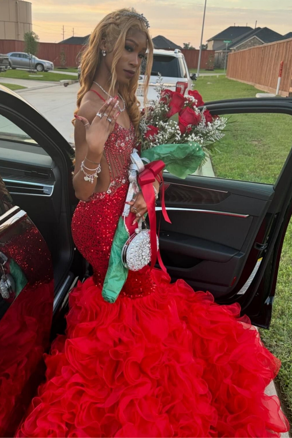 Bling Red Spaghetti Strap Mermaid Organza Crystal Prom Dress-BallBride
