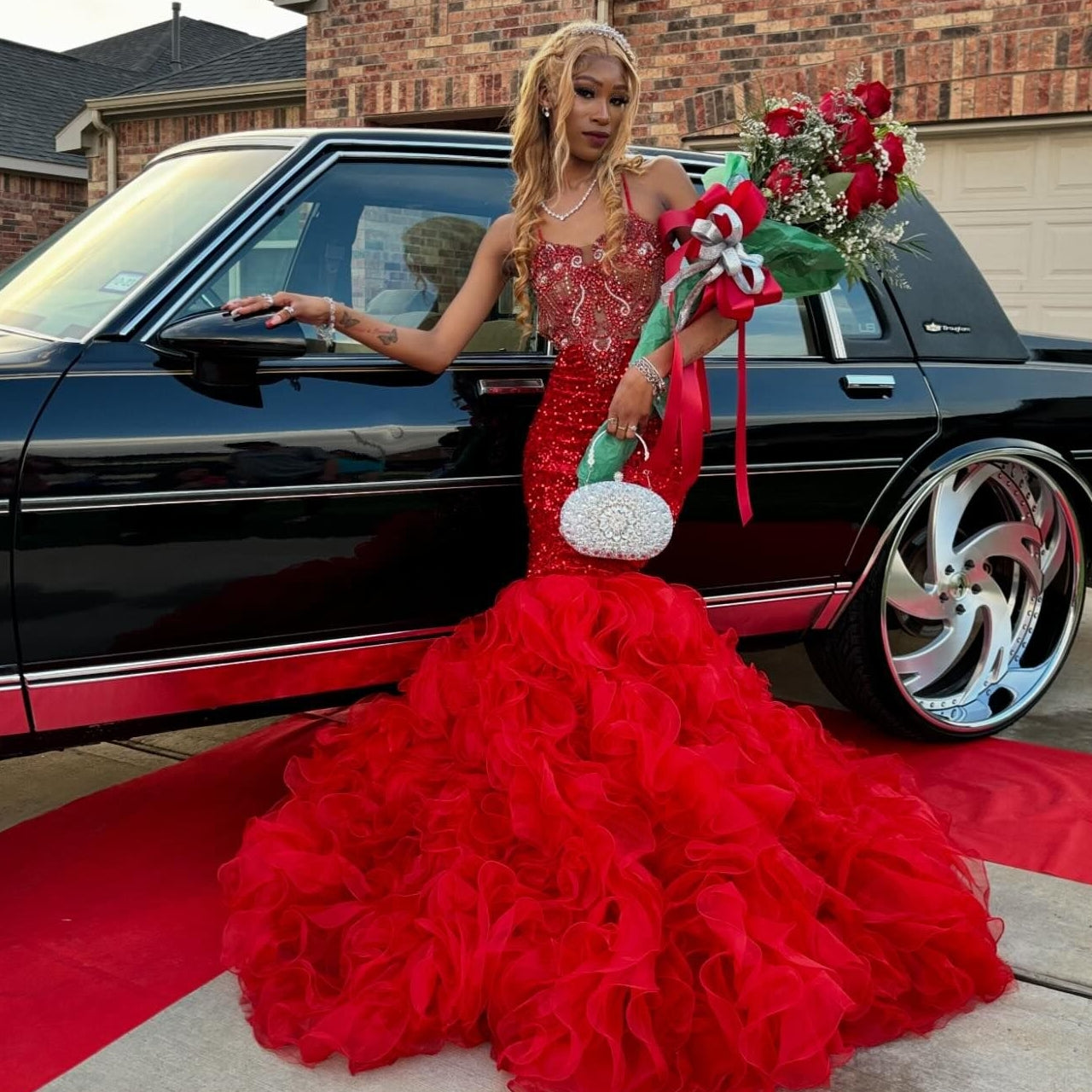 Bling Red Spaghetti Strap Mermaid Organza Crystal Prom Dress-BallBride