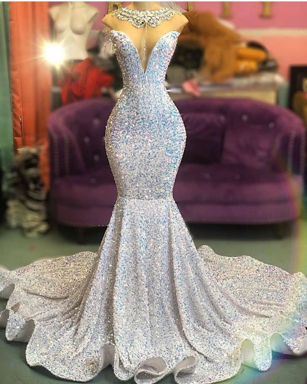 Bling Silver Sequins Mermaid Sleeveless Crystal Prom Dress-BallBride