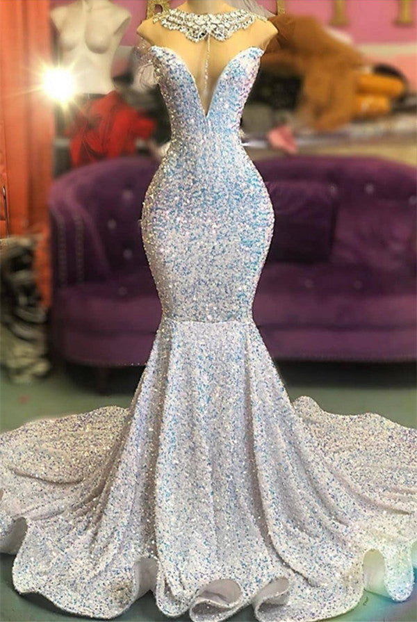 Bling Silver Sequins Mermaid Sleeveless Crystal Prom Dress-BallBride