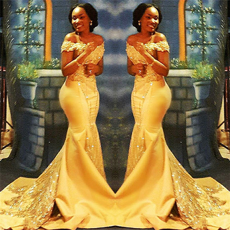 Bling Yellow Off Shoulder Mermaid Appliques Prom Dress with Beadings-BallBride
