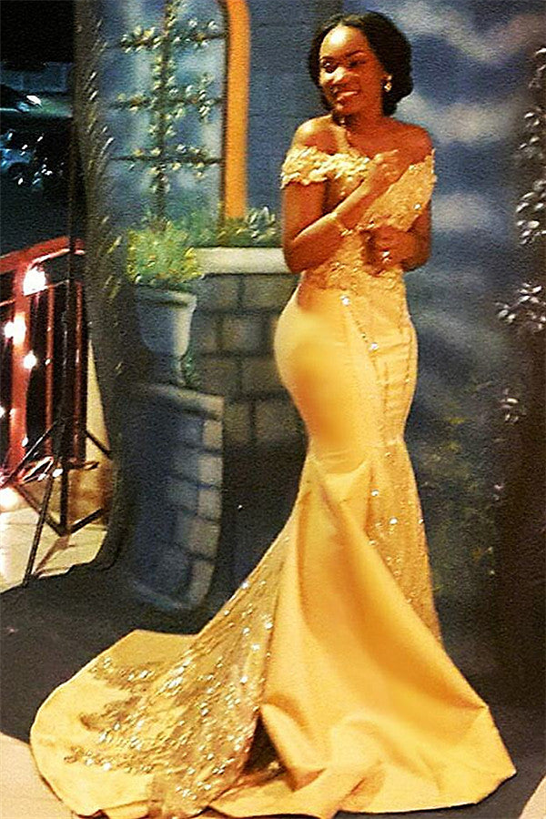 Bling Yellow Off Shoulder Mermaid Appliques Prom Dress with Beadings-BallBride