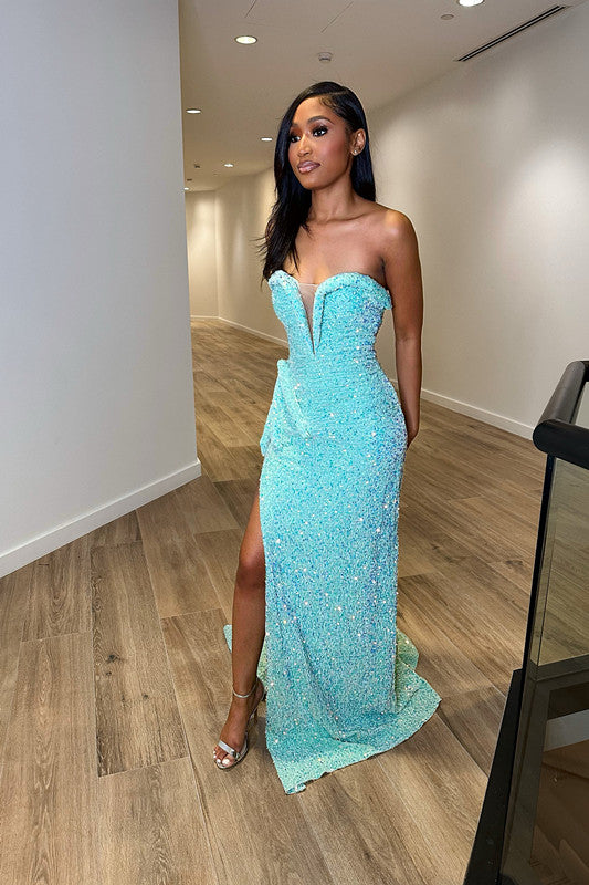 Blue Sequins Sweetheart Mermaid Prom Dress with Split Trumpet-BallBride