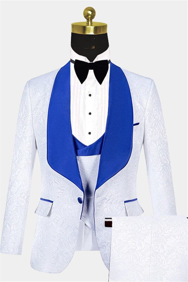 Blue Shawl Lapel White Jacquard Men's Wear Suit For Groom-BallBride