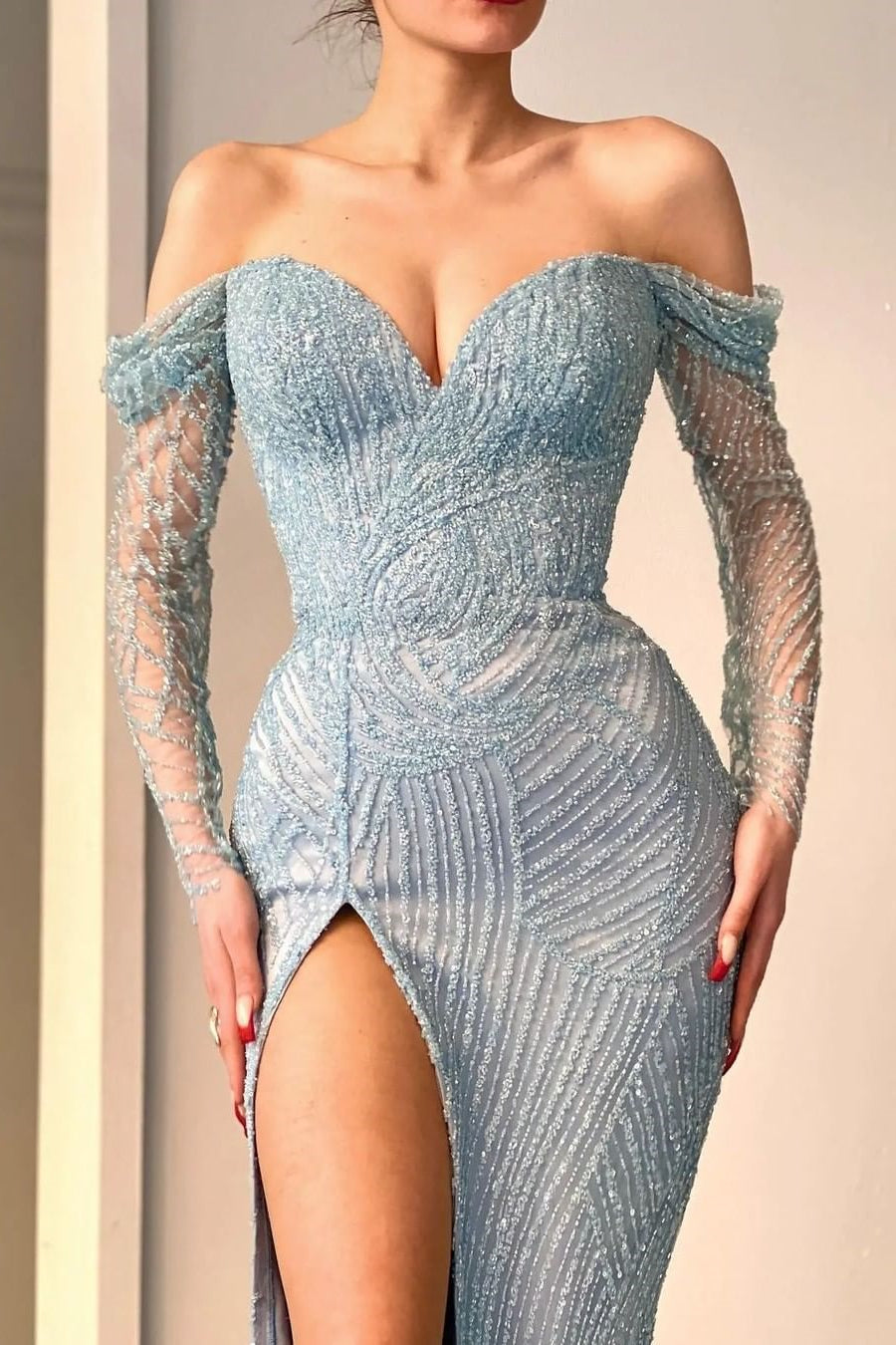 Blue Sweetheart Sequins Evening Dress with Split Mermaid and Off-The-Shoulder Long Sleeves-BallBride