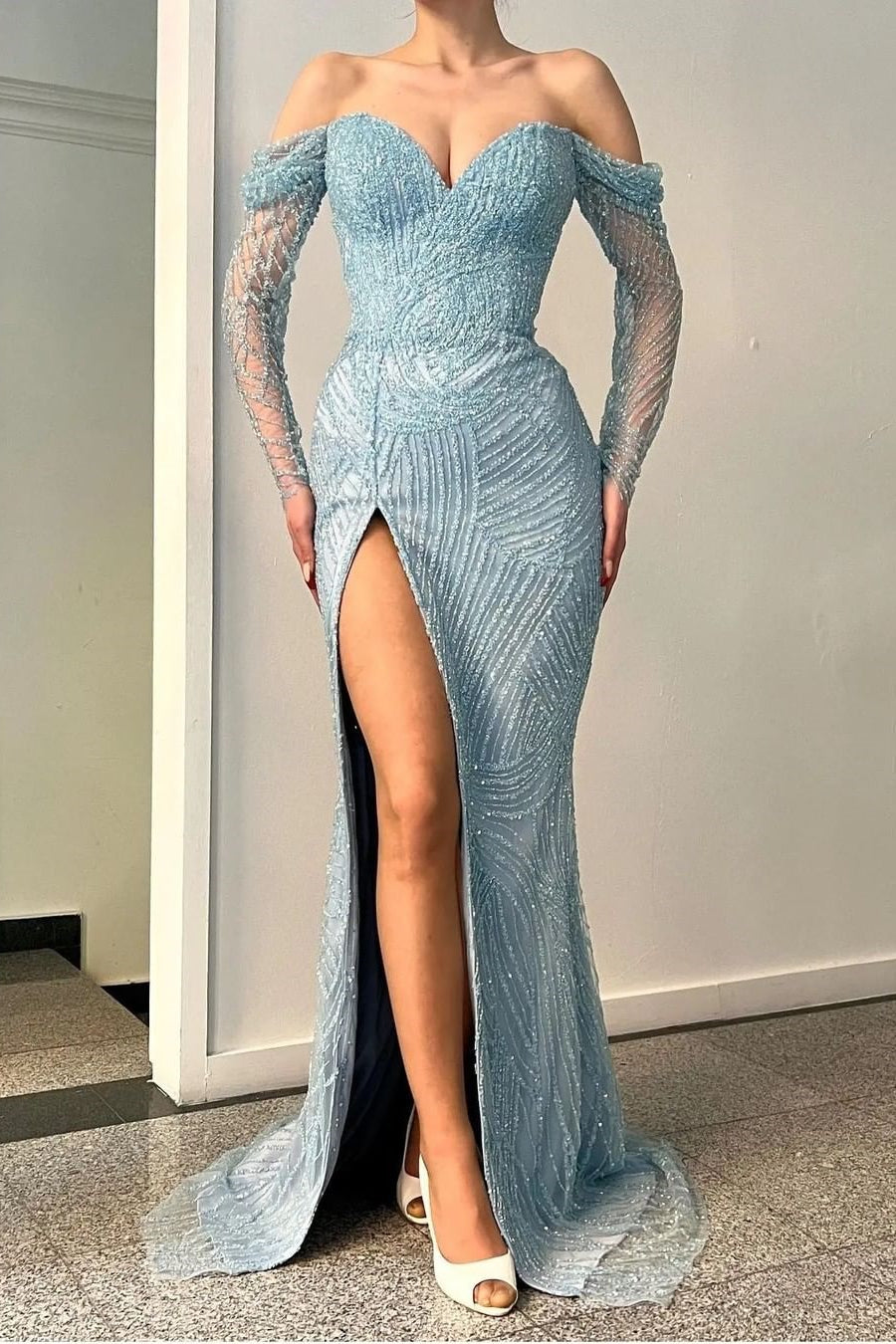 Blue Sweetheart Sequins Evening Dress with Split Mermaid and Off-The-Shoulder Long Sleeves-BallBride