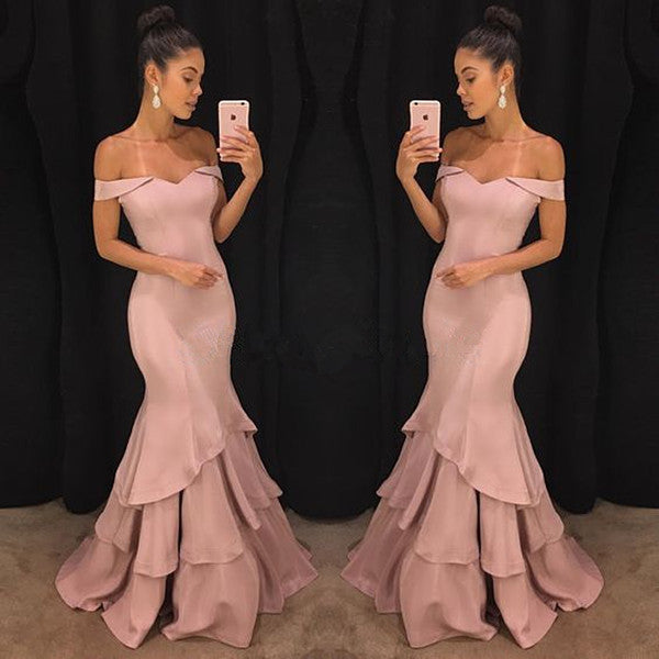 Blushing Pink Mermaid Tiered Off-Shoulder Prom Dress-BallBride