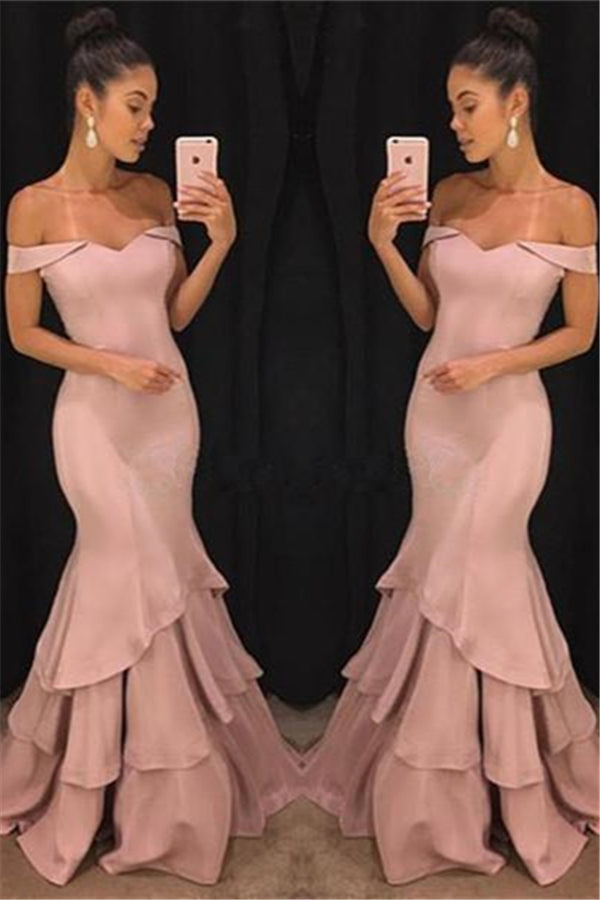 Blushing Pink Mermaid Tiered Off-Shoulder Prom Dress-BallBride
