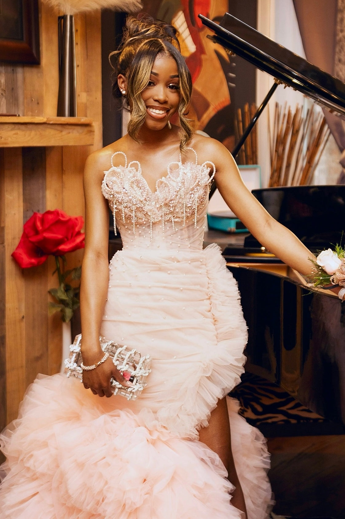 Blushing Pink Tulle Pearls Sweetheart Side Slit Ruffles Prom Dress-BallBride