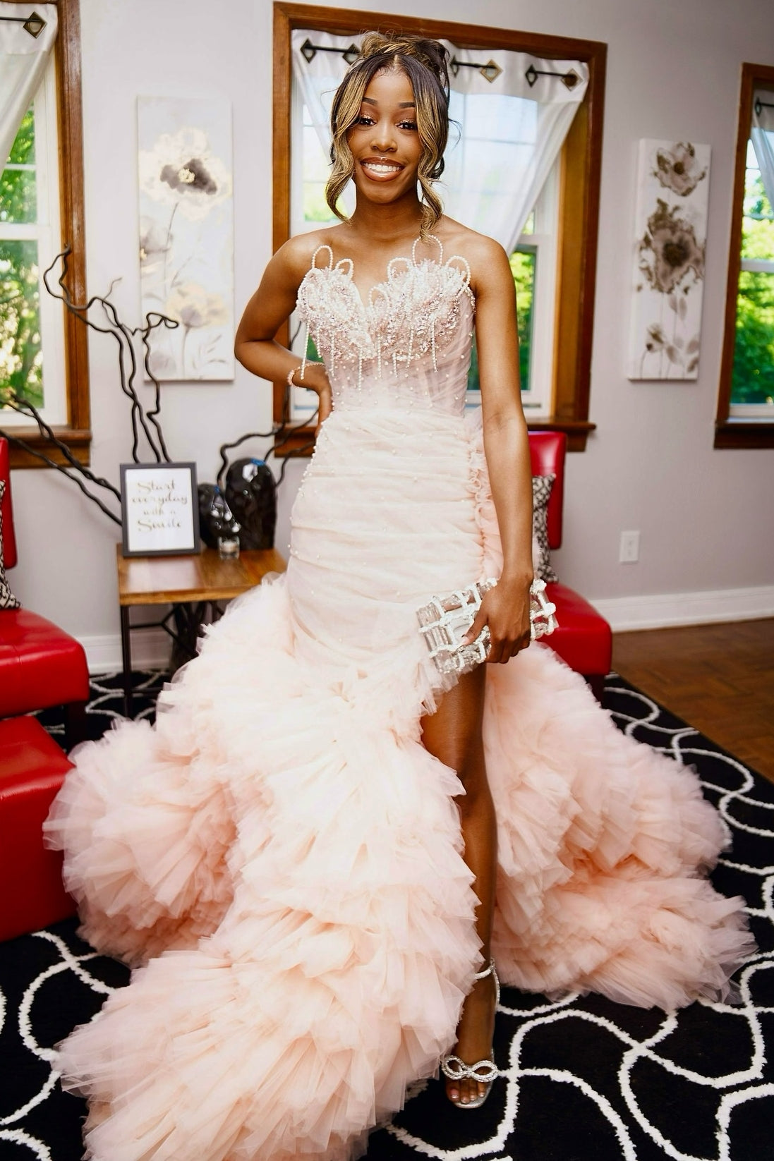 Blushing Pink Tulle Pearls Sweetheart Side Slit Ruffles Prom Dress-BallBride