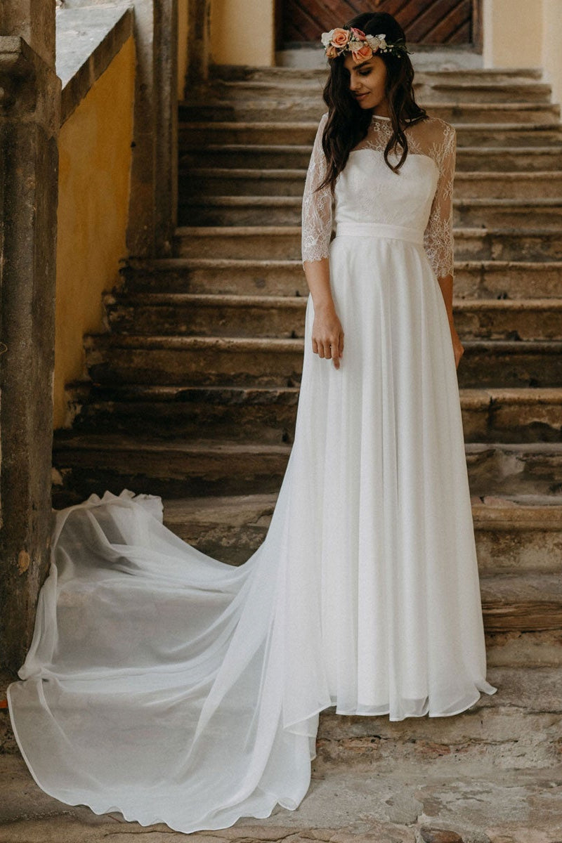 Boho Lace Chiffon Long Wedding Dress-BallBride