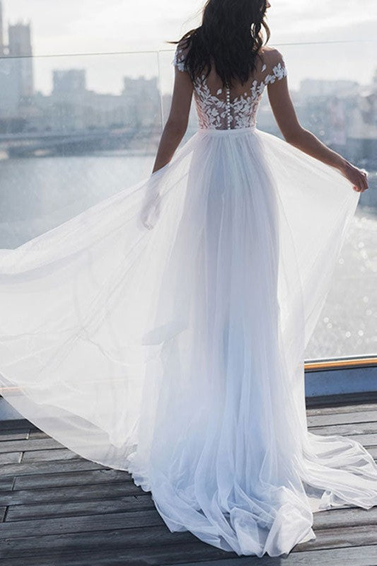 Boho Wedding Dresses Lace Off The Shoulder Short Sleeve Long Split Front Bridal Dress With Train-BallBride