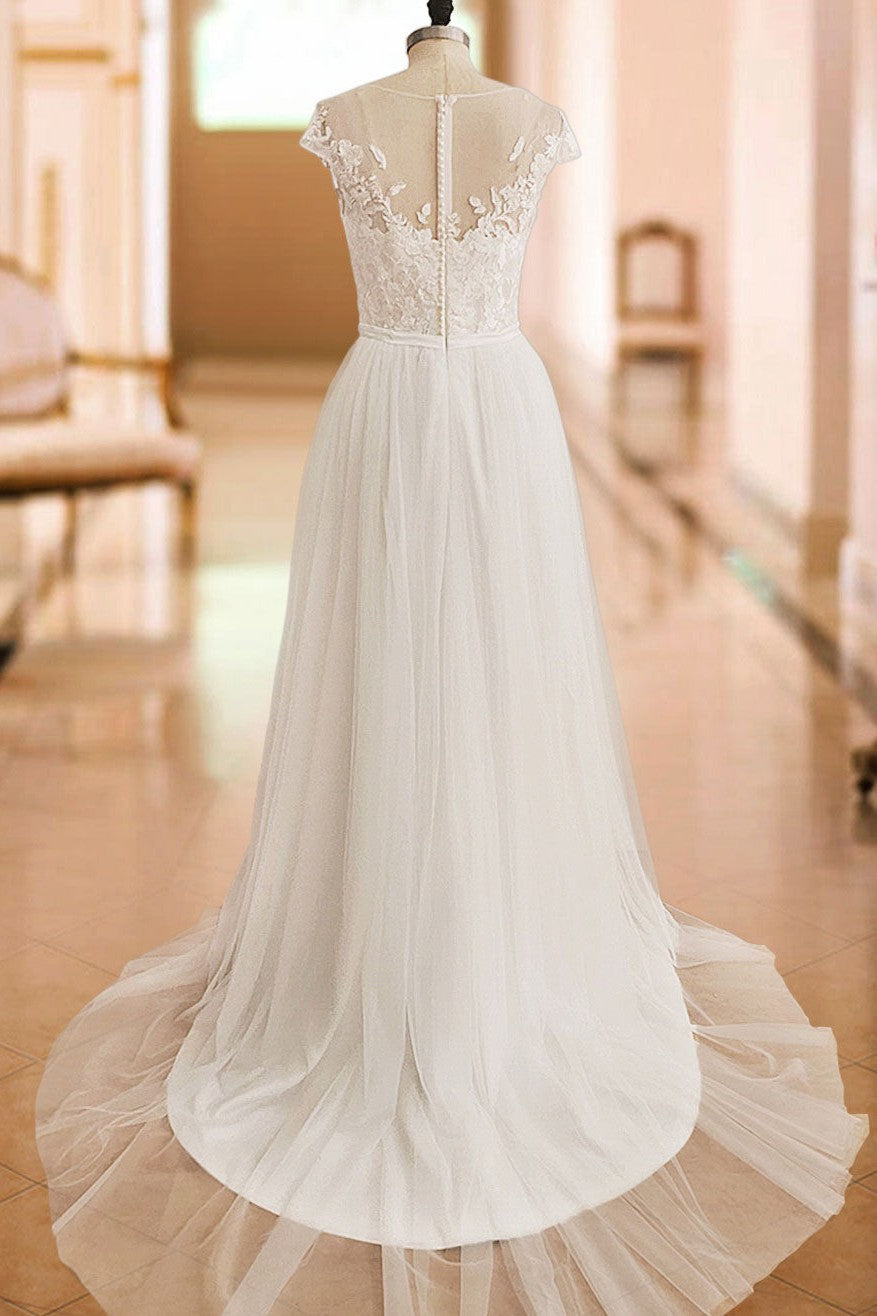 Boho Wedding Dresses Lace Off The Shoulder Short Sleeve Long Split Front Bridal Dress With Train-BallBride