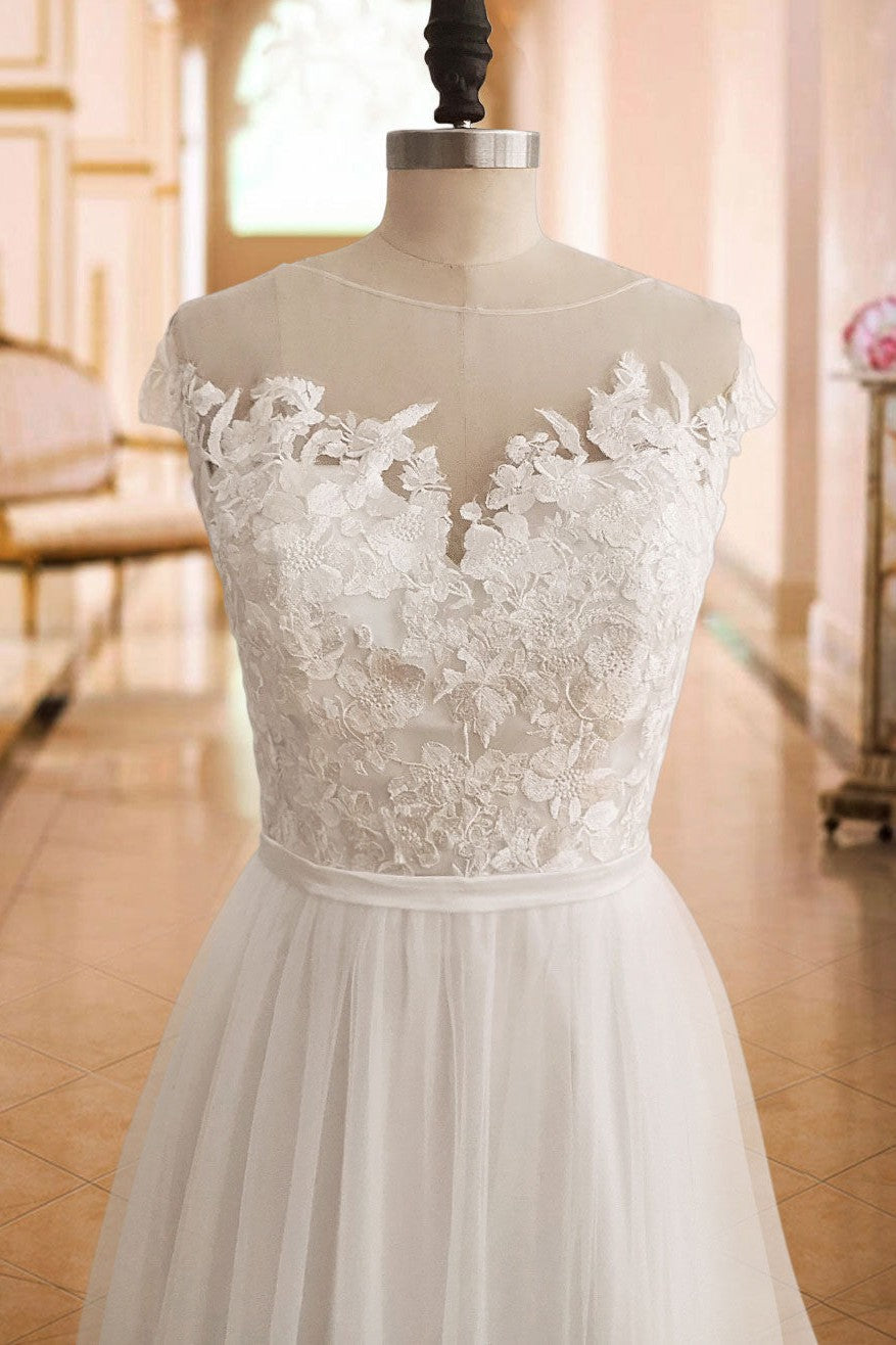 Boho Wedding Dresses Lace Off The Shoulder Short Sleeve Long Split Front Bridal Dress With Train-BallBride