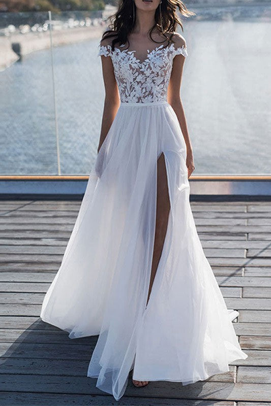 Boho Wedding Dresses Lace Off The Shoulder Short Sleeve Long Split Front Bridal Dress With Train-BallBride