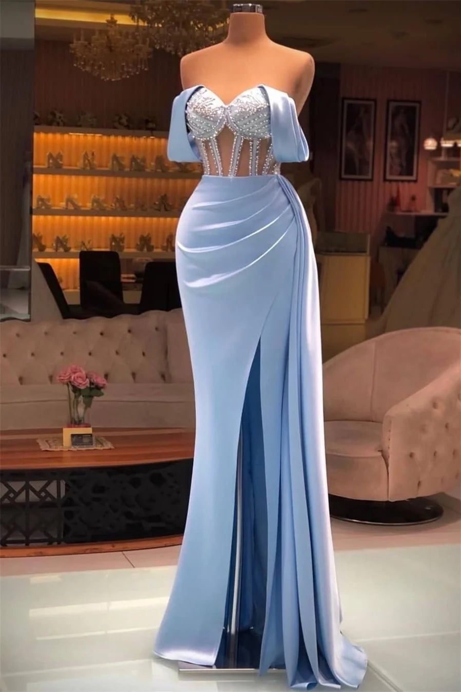 Budget Baby Blue Off-the-Shoulder Evening Gowns Split Long With Beads-BallBride