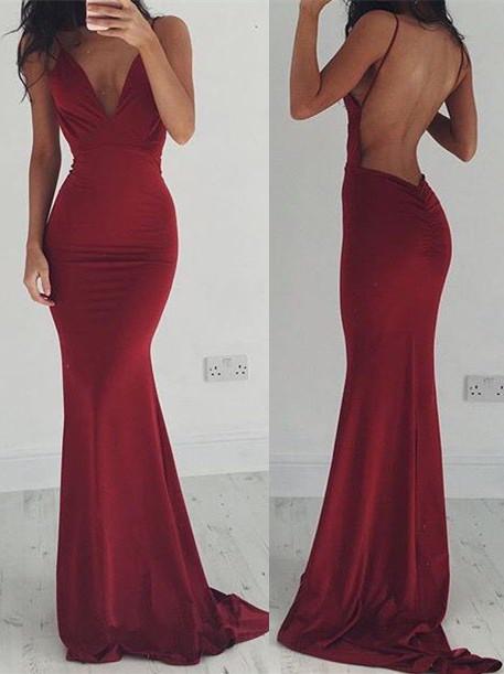 Burgundy Evening Gowns Stretchy Spaghettis-Straps Backless Column Prom Dresses-Ballbride