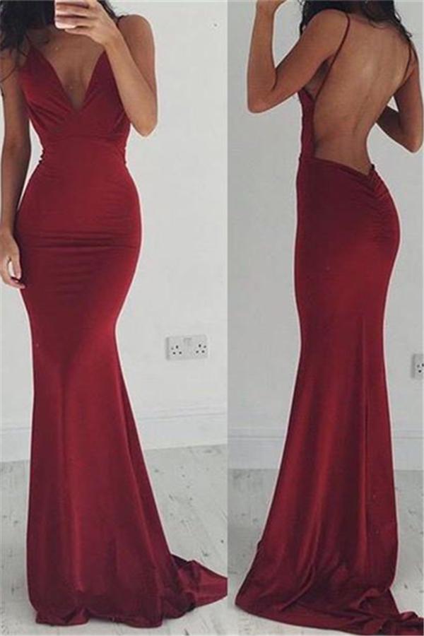Burgundy Evening Gowns Stretchy Spaghettis-Straps Backless Column Prom Dresses-Ballbride