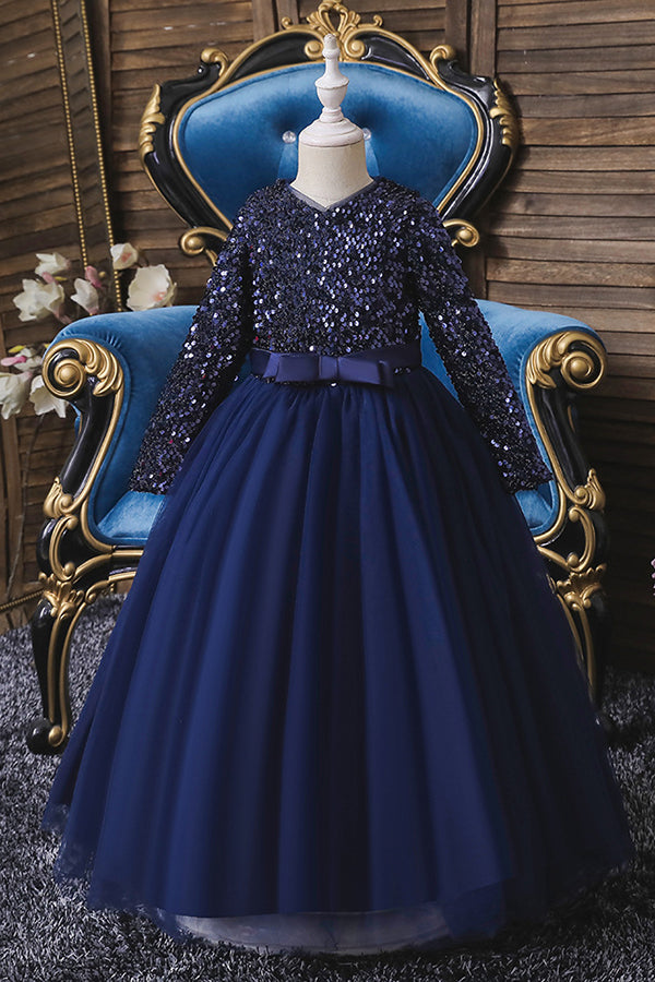 Burgundy Jewel Long Sleeve Flower Girl Dress with Sequins Appliques-BallBride