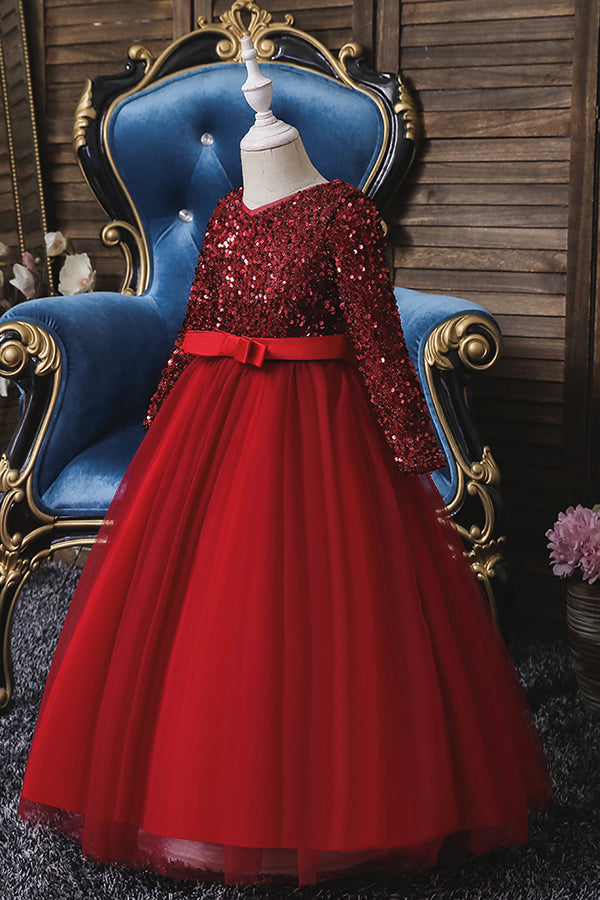 Burgundy Jewel Long Sleeve Flower Girl Dress with Sequins Appliques-BallBride
