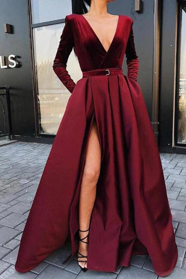 Burgundy Long Sleeves Prom Dress with Split-BallBride