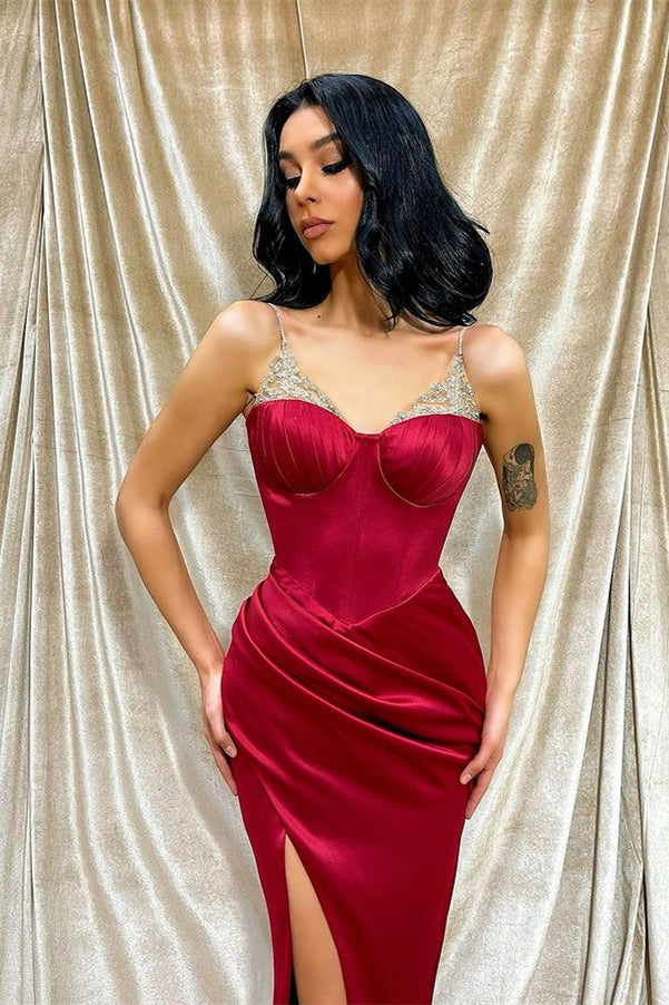 Burgundy Mermaid Evening Dress with Beadings and Spaghetti Straps Front Split-BallBride