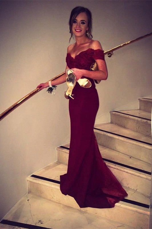 Burgundy Off-the-Shoulder Mermaid Prom Dress - Chic and Stylish-BallBride