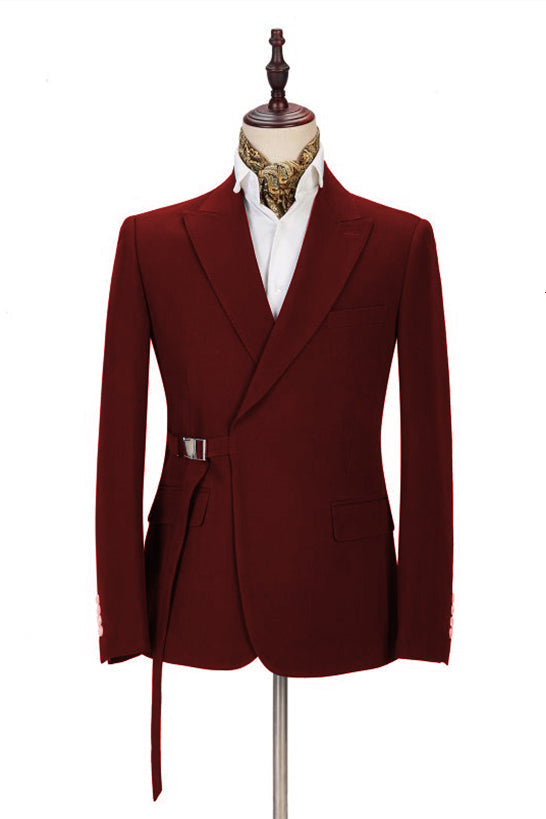 Burgundy Prom Suit for Boys with Peak Lapel and Buckle Button - 2 Piece-BallBride