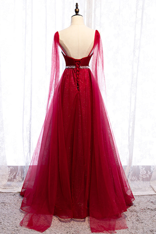 Burgundy Sleeveless Prom Dress with Tulle Ruffles & Beadings-BallBride