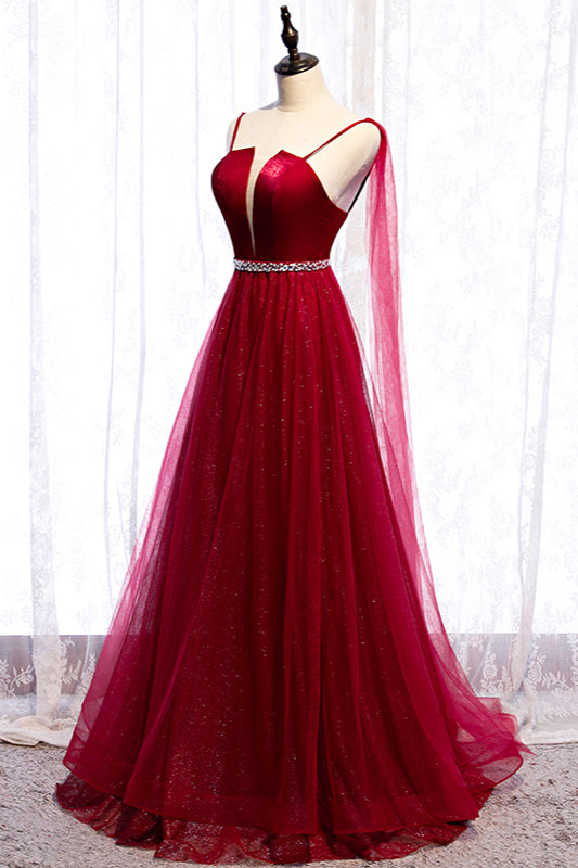 Burgundy Sleeveless Prom Dress with Tulle Ruffles & Beadings-BallBride