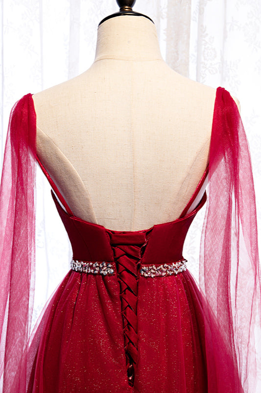 Burgundy Sleeveless Prom Dress with Tulle Ruffles & Beadings-BallBride