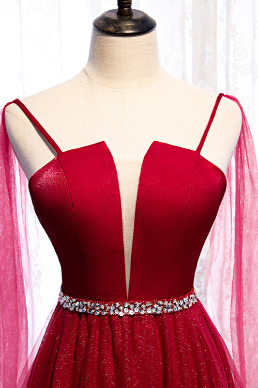 Burgundy Sleeveless Prom Dress with Tulle Ruffles & Beadings-BallBride