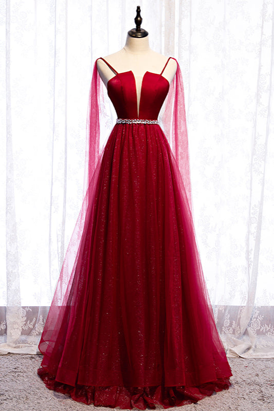 Burgundy Sleeveless Prom Dress with Tulle Ruffles & Beadings-BallBride
