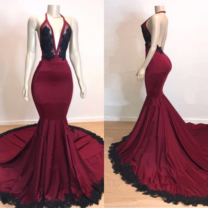 Burgundy V-Neck Halter Mermaid Evening Dress with Applique-BallBride