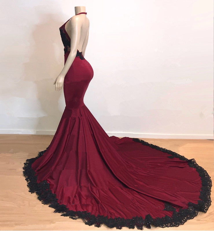 Burgundy V-Neck Halter Mermaid Evening Dress with Applique-BallBride