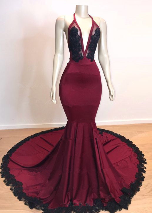 Burgundy V-Neck Halter Mermaid Evening Dress with Applique-BallBride