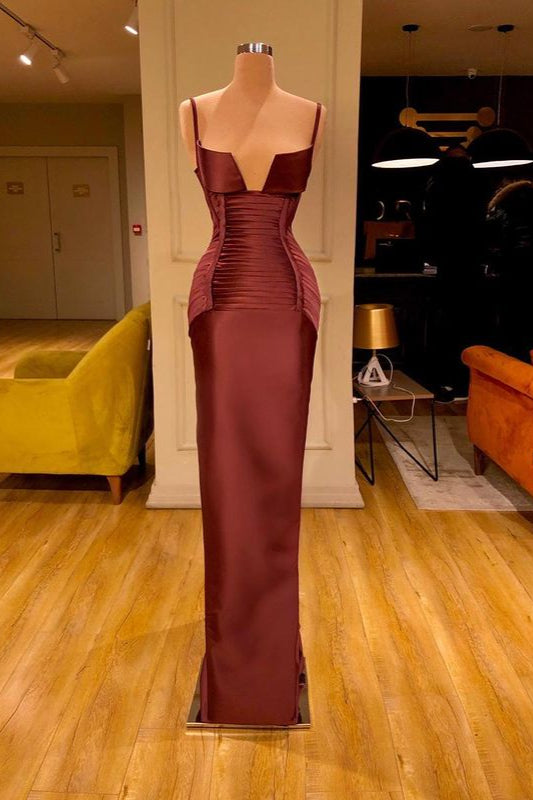 Burgundy V-Neck Mermaid Prom Dress with Spaghetti-Straps-BallBride