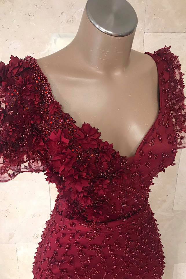 Burgundy V-Neck Short Sleeves Flowers Beadings Prom Dress-BallBride