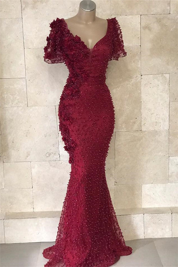 Burgundy V-Neck Short Sleeves Flowers Beadings Prom Dress-BallBride
