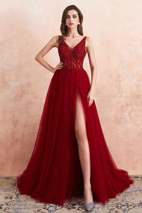 Burgundy V-Neck Sleeveless Split Evening Dress with Beads and Tulle-BallBride