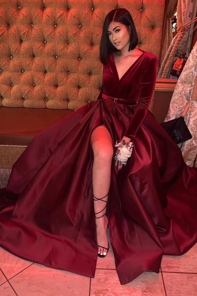 Burgundy V-Neck Velvet Long Sleeves Side Slit Prom Dress with Belt-BallBride