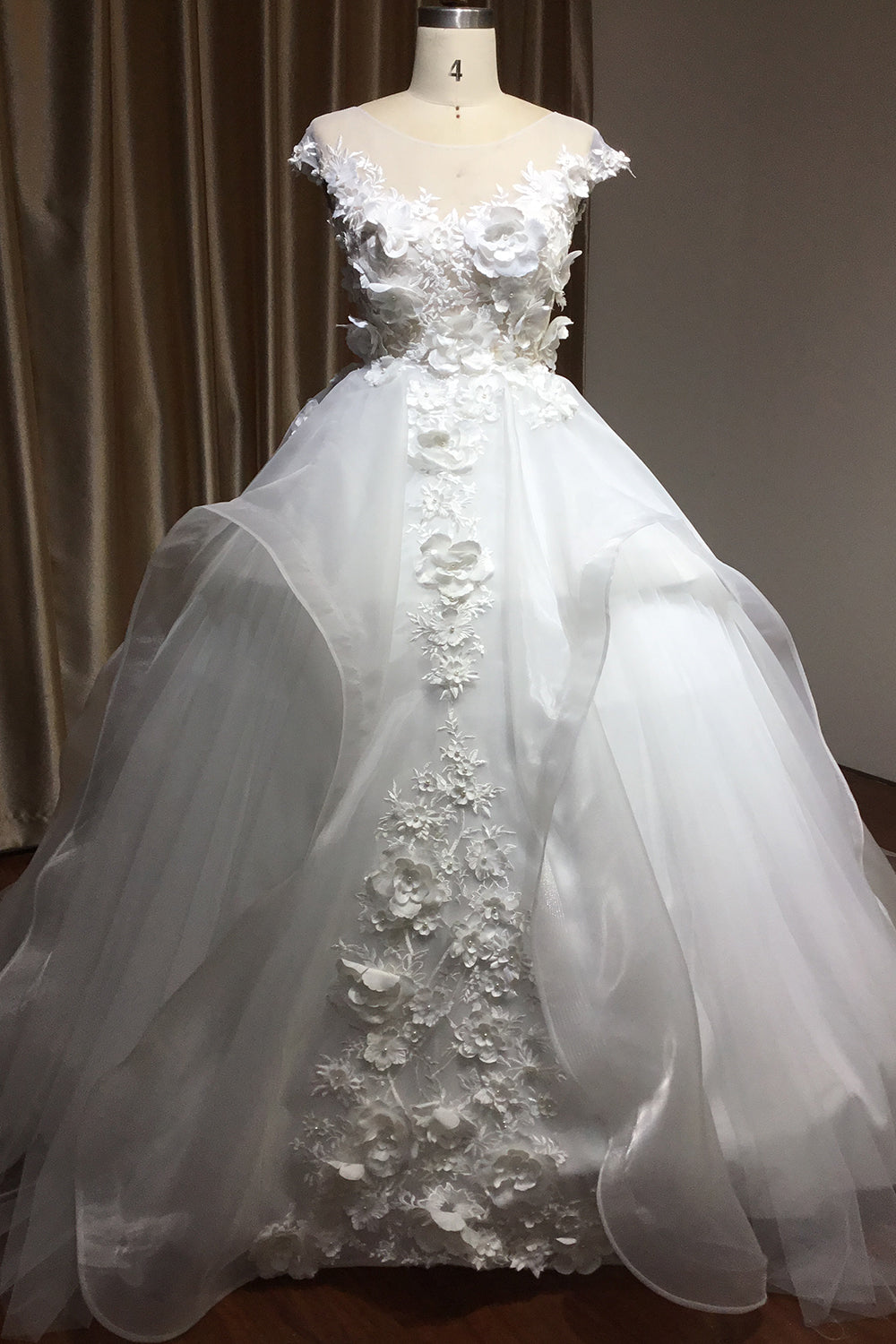 Cap Sleeve Jewel Ball Gown Wedding Dress with Floral Appliques-BallBride