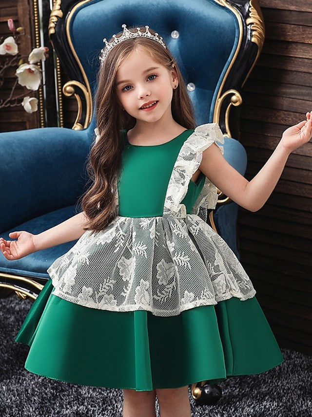 Cap Sleeve Jewel Neck Ball Gown Dress with Bow and Color Block for Flower Girls-BallBride