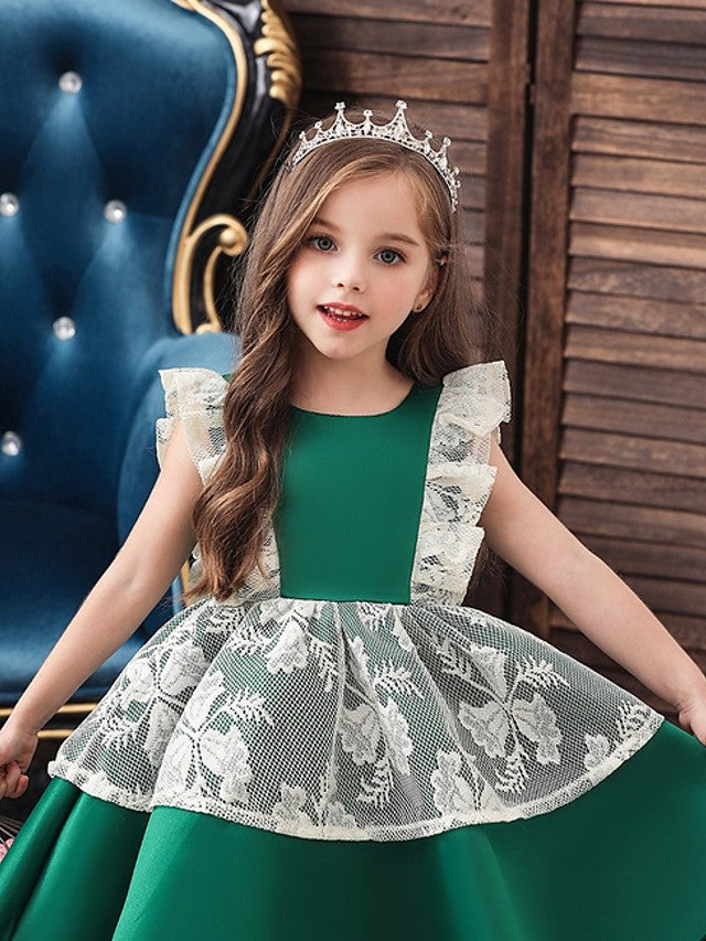 Cap Sleeve Jewel Neck Ball Gown Dress with Bow and Color Block for Flower Girls-BallBride