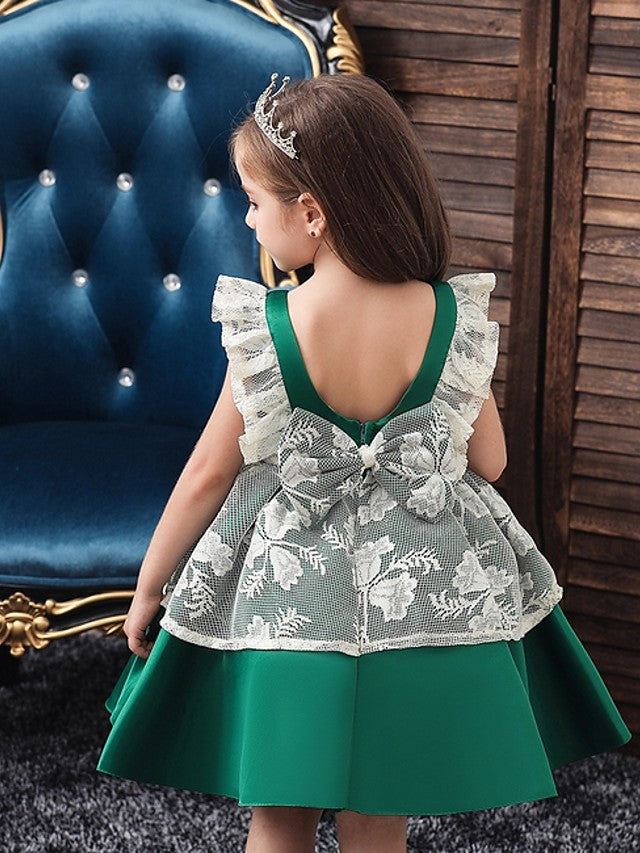 Cap Sleeve Jewel Neck Ball Gown Dress with Bow and Color Block for Flower Girls-BallBride
