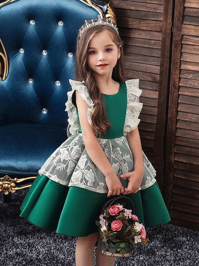 Cap Sleeve Jewel Neck Ball Gown Dress with Bow and Color Block for Flower Girls-BallBride
